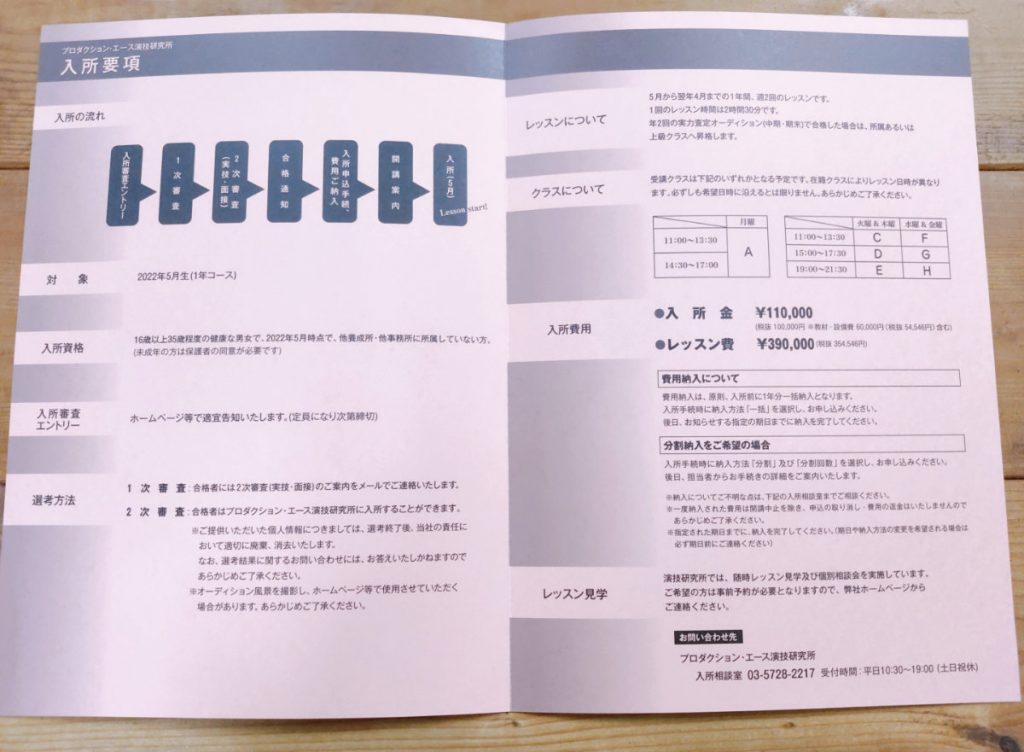 プロダクション・エース演技研究所の入所要項